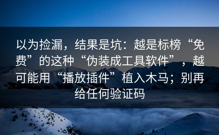 以为捡漏，结果是坑：越是标榜“免费”的这种“伪装成工具软件”，越可能用“播放插件”植入木马；别再给任何验证码